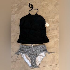 Hillock Black Halter Top with Striped Bikini Bottom